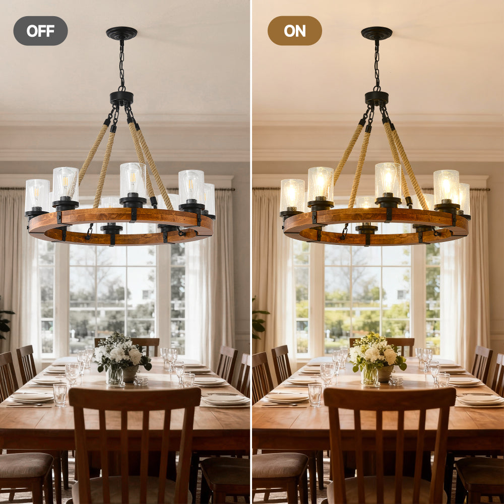 Rustic Wagon Wheel Chandelier | Wood Frame & Seeded Glass, Farmhouse Industrial Pendant — Available in 6/8/12/18-Light