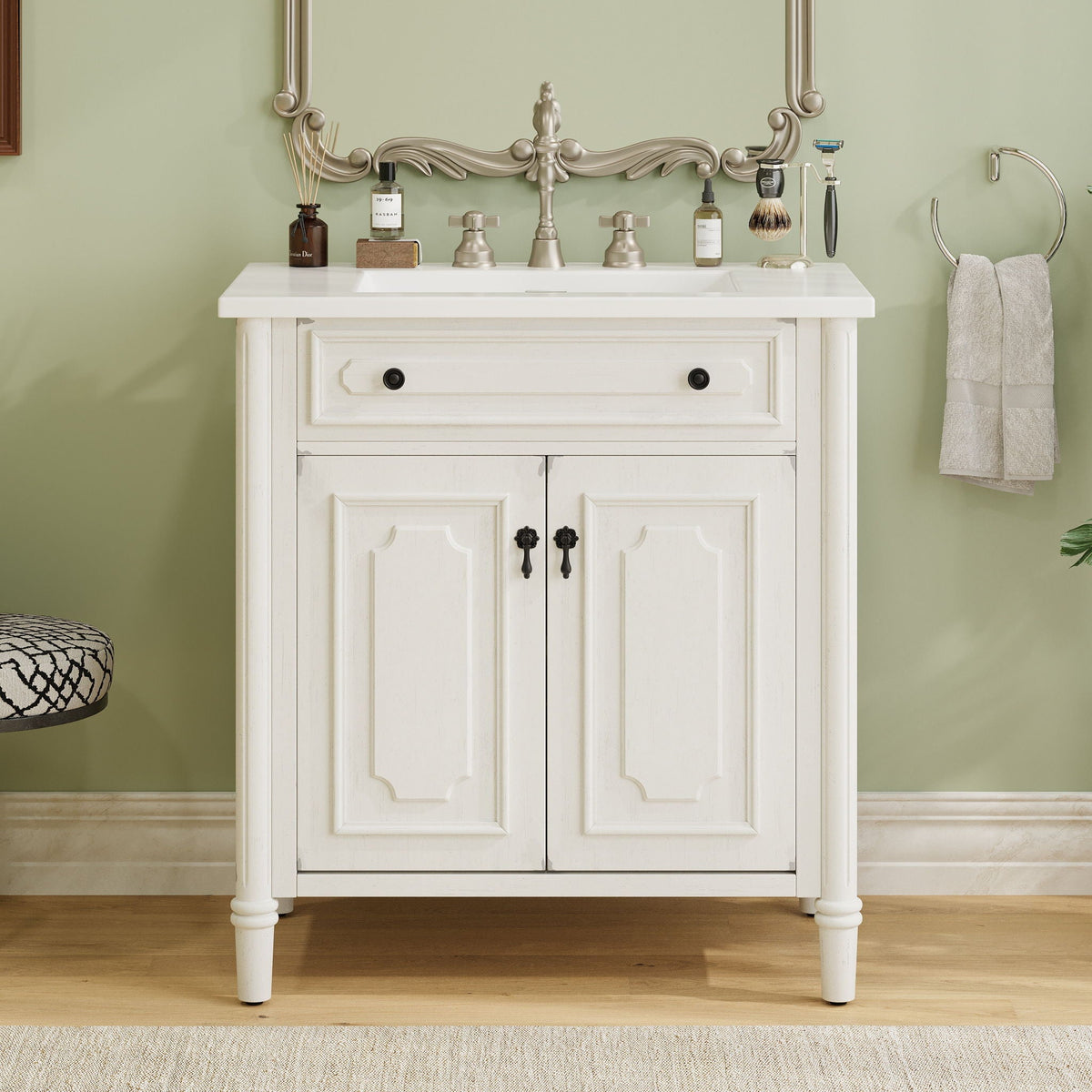 Vintage Bathroom Vanity With Sink, Rustic Cabinet With Soft Close Doors