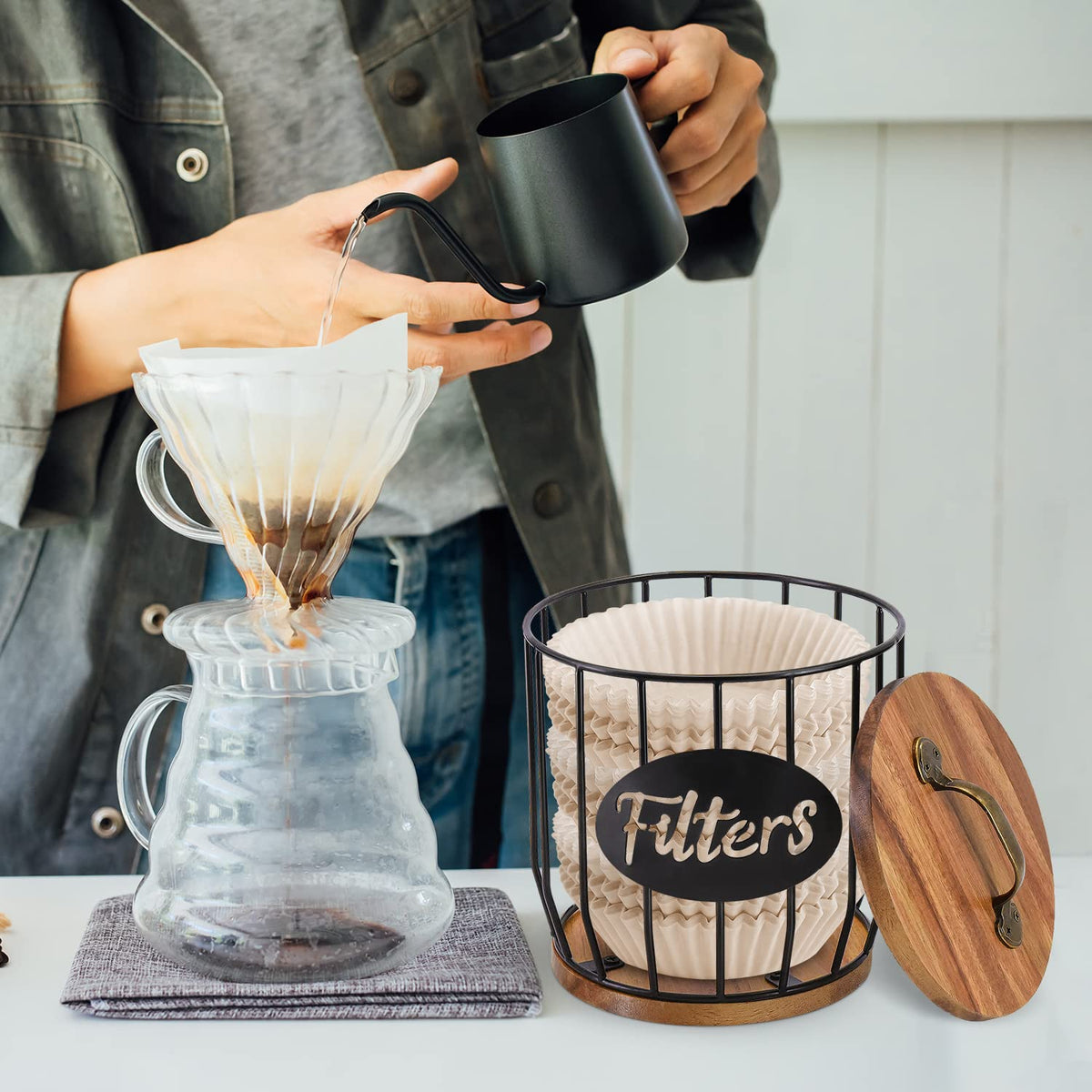 Rustic Acacia Coffee Filter Holder with Lid