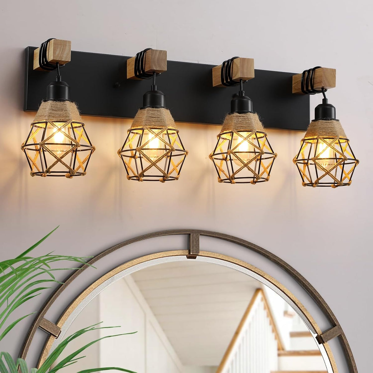 Rustic Rattan Style Wood Bathroom Vanity Wall Sconce