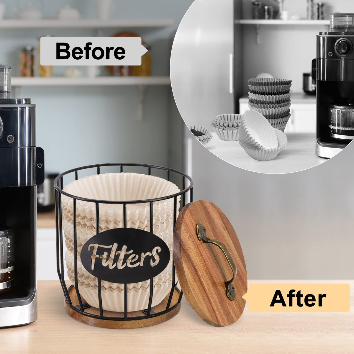 Rustic Acacia Coffee Filter Holder with Lid