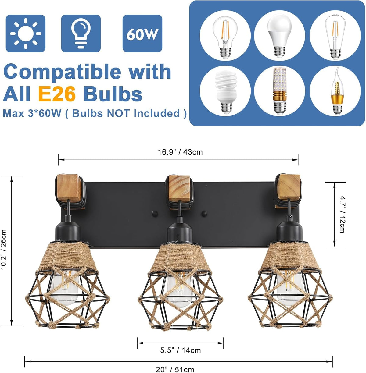 Rustic Rattan Style Wood Bathroom Vanity Wall Sconce