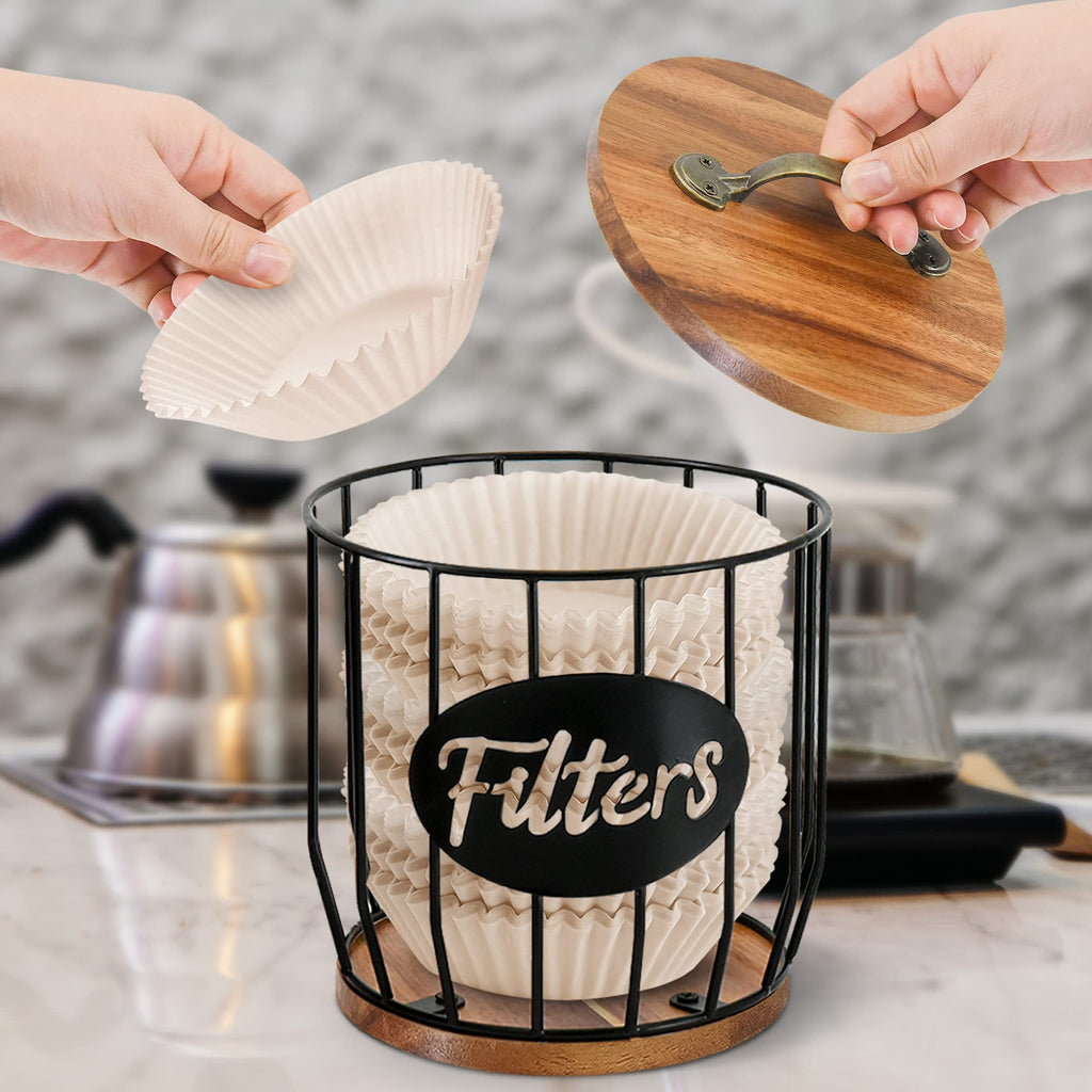 Rustic Acacia Coffee Filter Holder with Lid