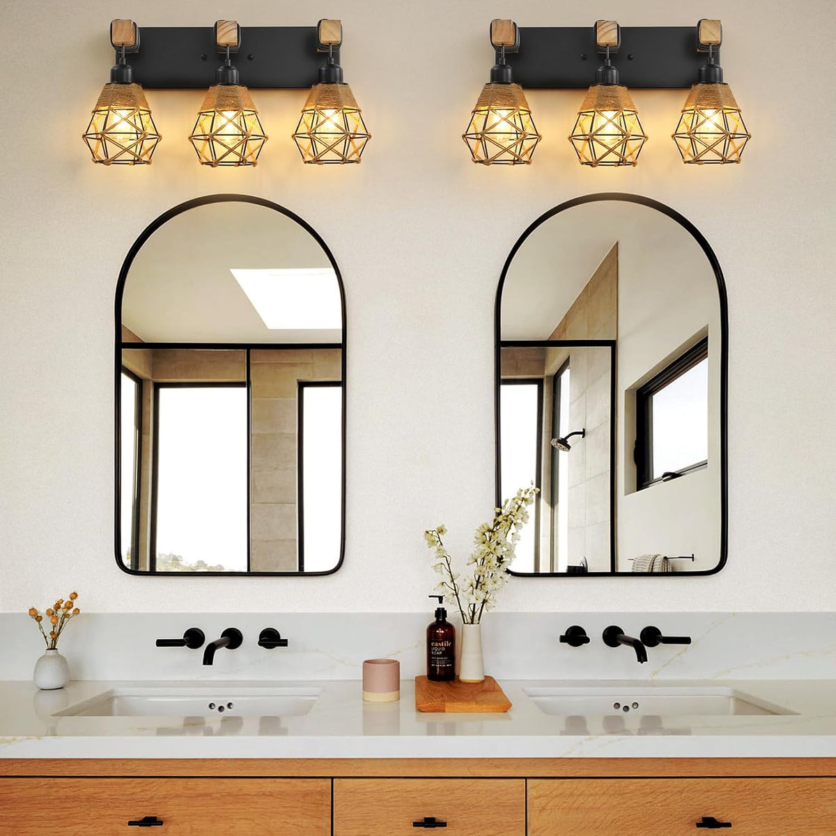 Rustic Rattan Style Wood Bathroom Vanity Wall Sconce