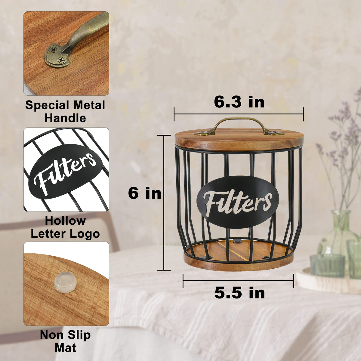 Rustic Acacia Coffee Filter Holder with Lid