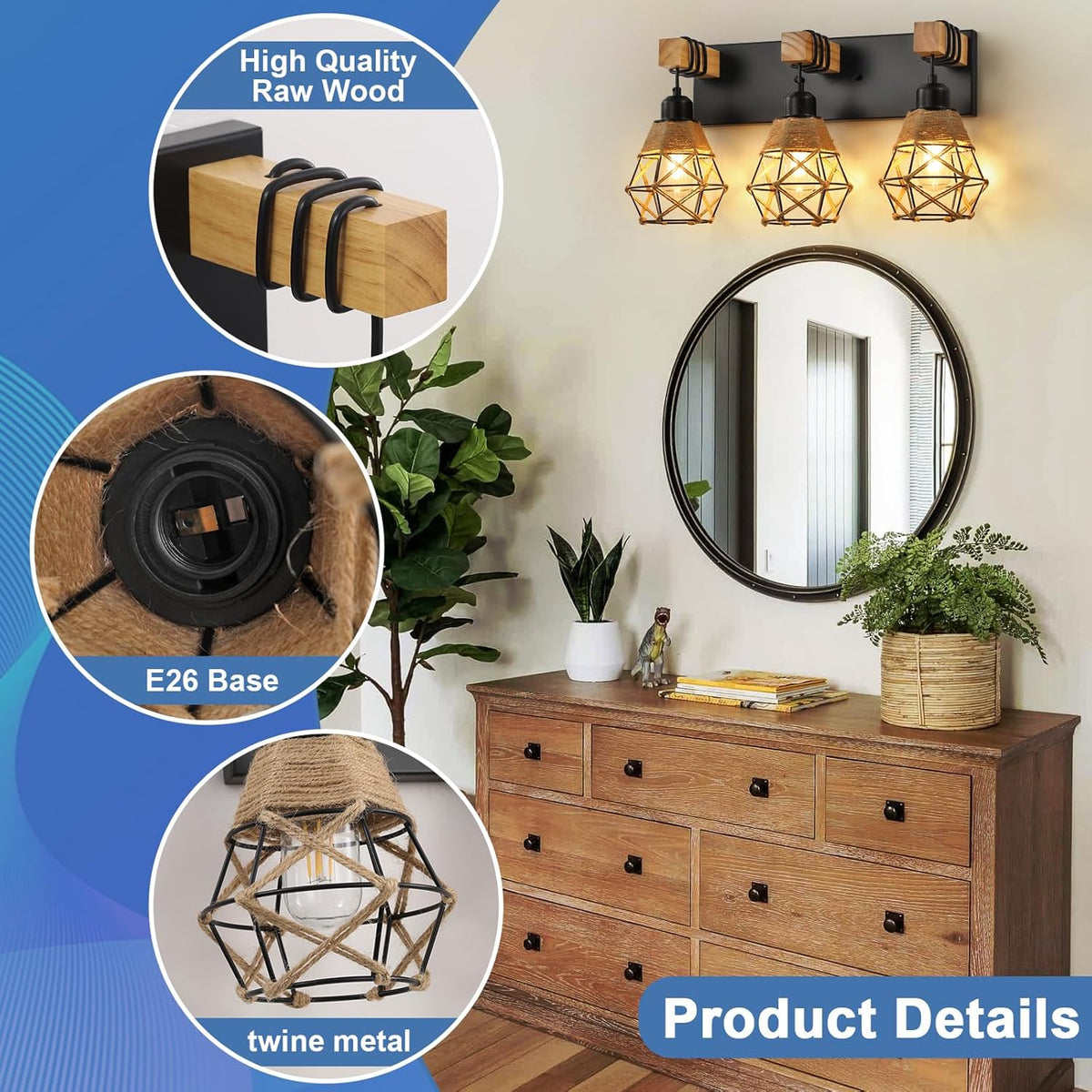 Rustic Rattan Style Wood Bathroom Vanity Wall Sconce