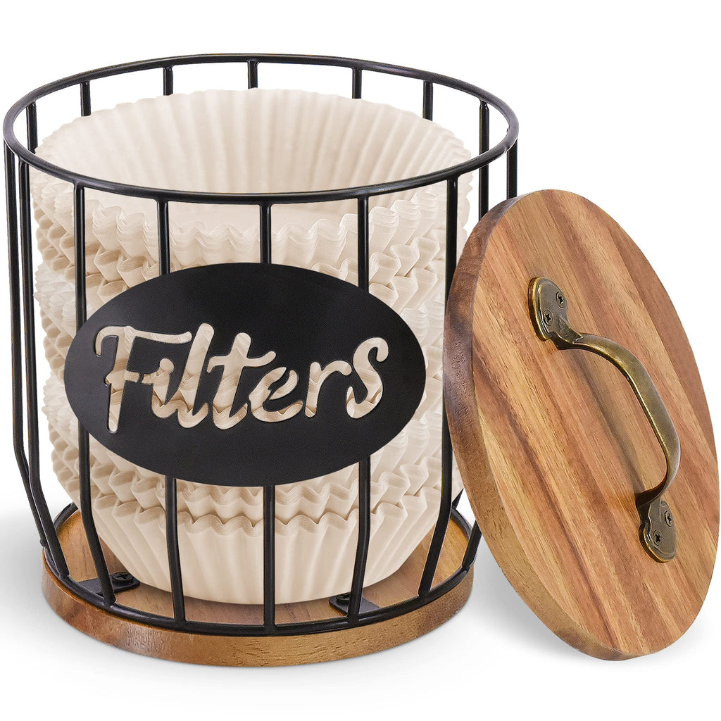 Rustic Acacia Coffee Filter Holder with Lid