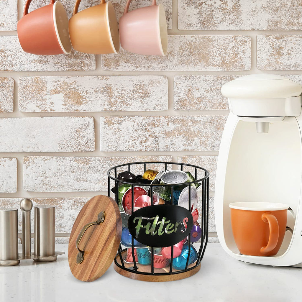 Rustic Acacia Coffee Filter Holder with Lid