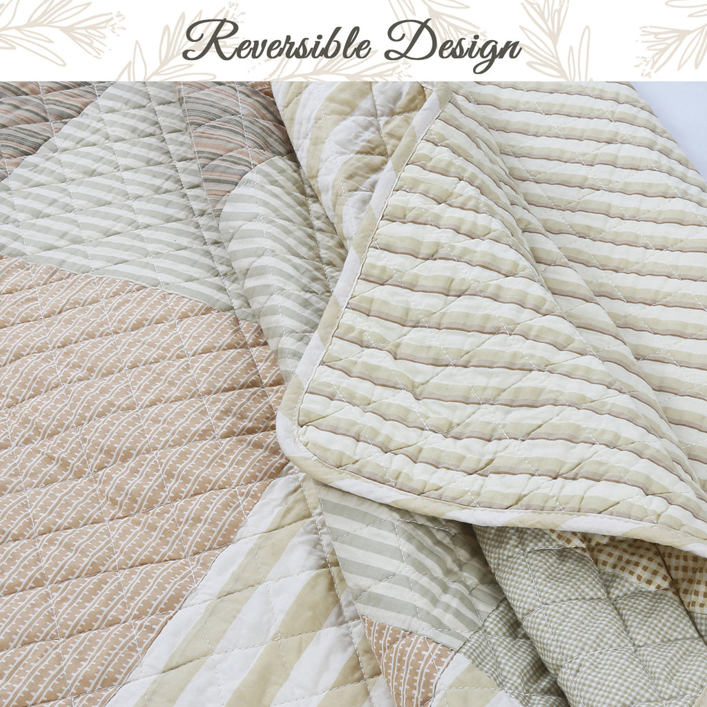 Earth Tone Brown Tan Beige Stripe Checker Real Patchwork 3-Piece Cotton Reversible Quilt Bedding Set