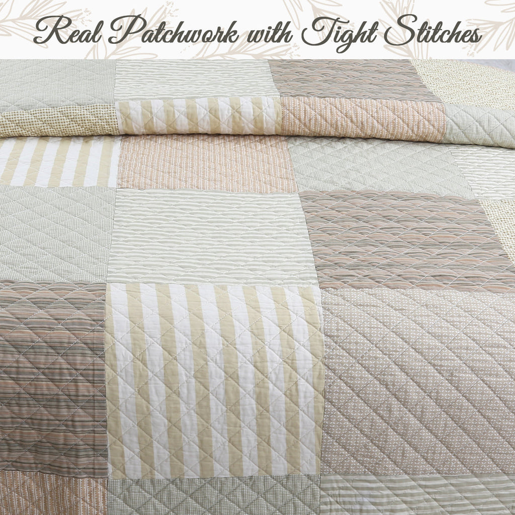 Earth Tone Brown Tan Beige Stripe Checker Real Patchwork 3-Piece Cotton Reversible Quilt Bedding Set