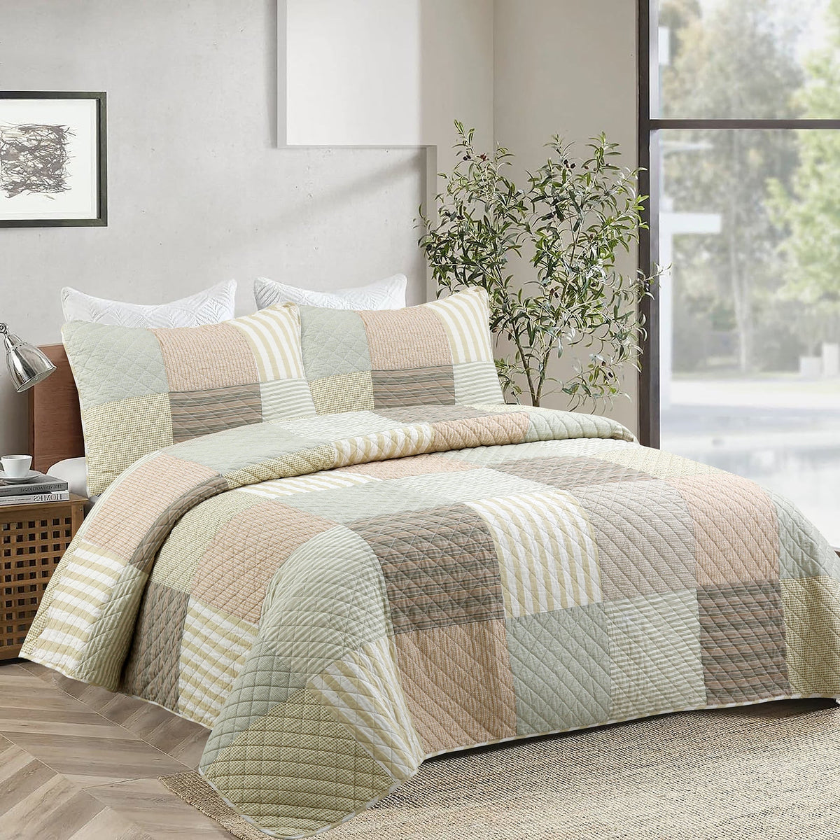 Earth Tone Brown Tan Beige Stripe Checker Real Patchwork 3-Piece Cotton Reversible Quilt Bedding Set