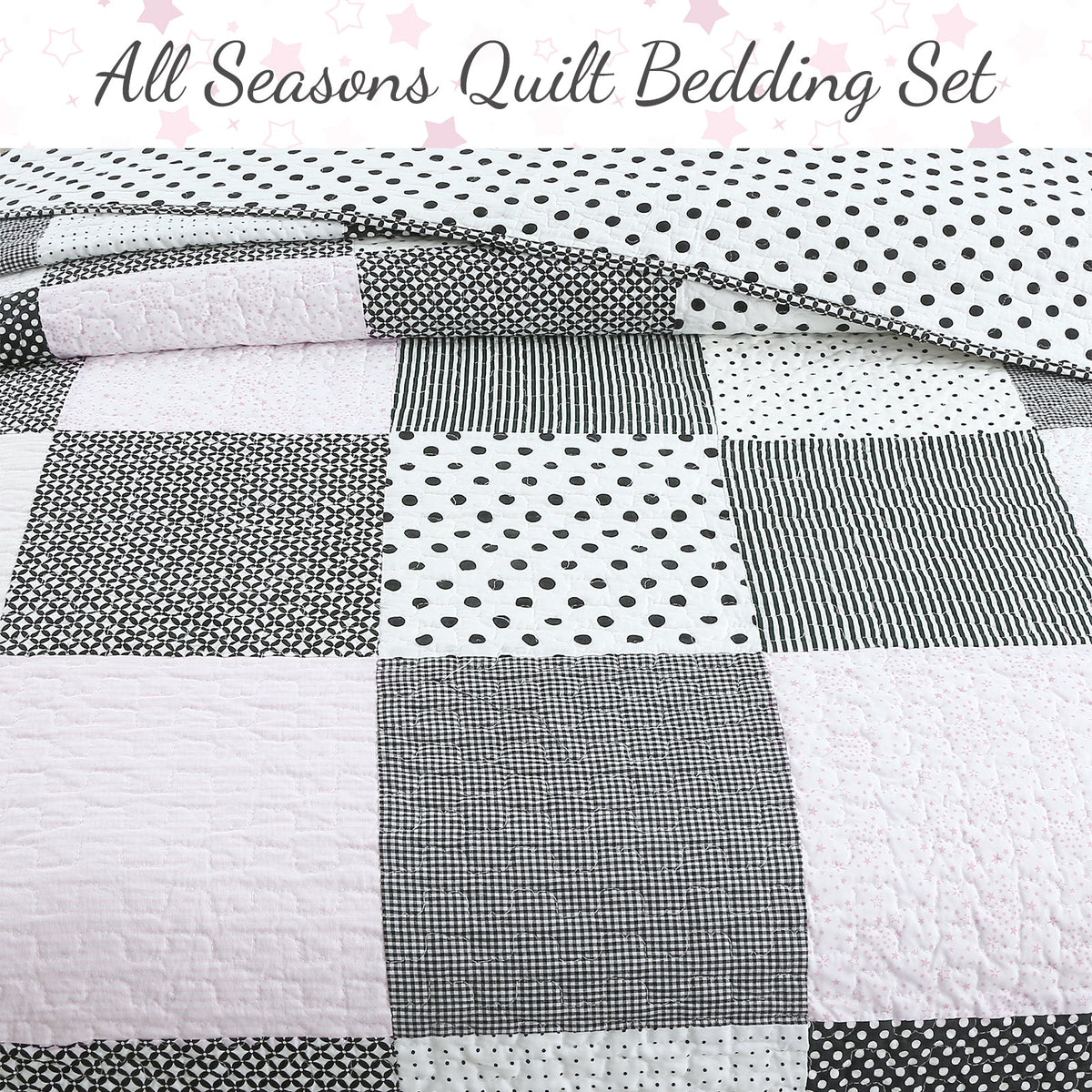 Halftone Black White Subtle Pink Polka Dot Patchwork Cotton Quilt Bedding Set