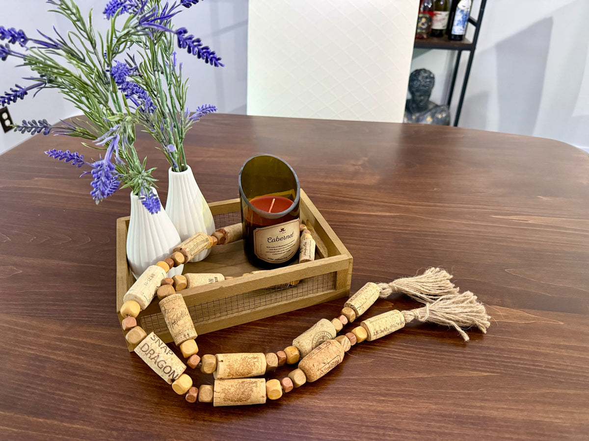 Handcrafted Wine Cork Garland – Timeless Rustic Boho Decor with Natural Square Wood Beads & Tassels