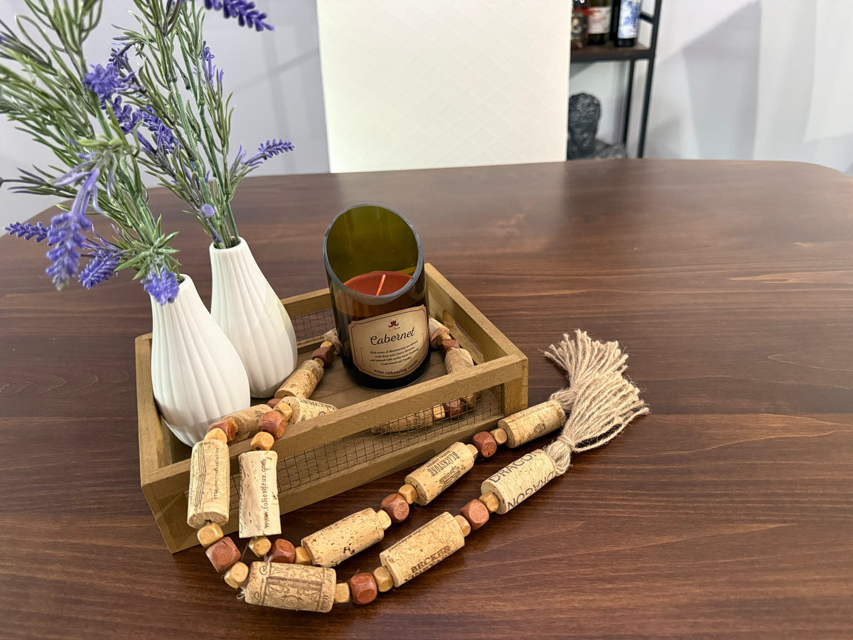 Handcrafted Wine Cork Garland – Timeless Rustic Boho Decor with Natural Square Wood Beads & Tassels