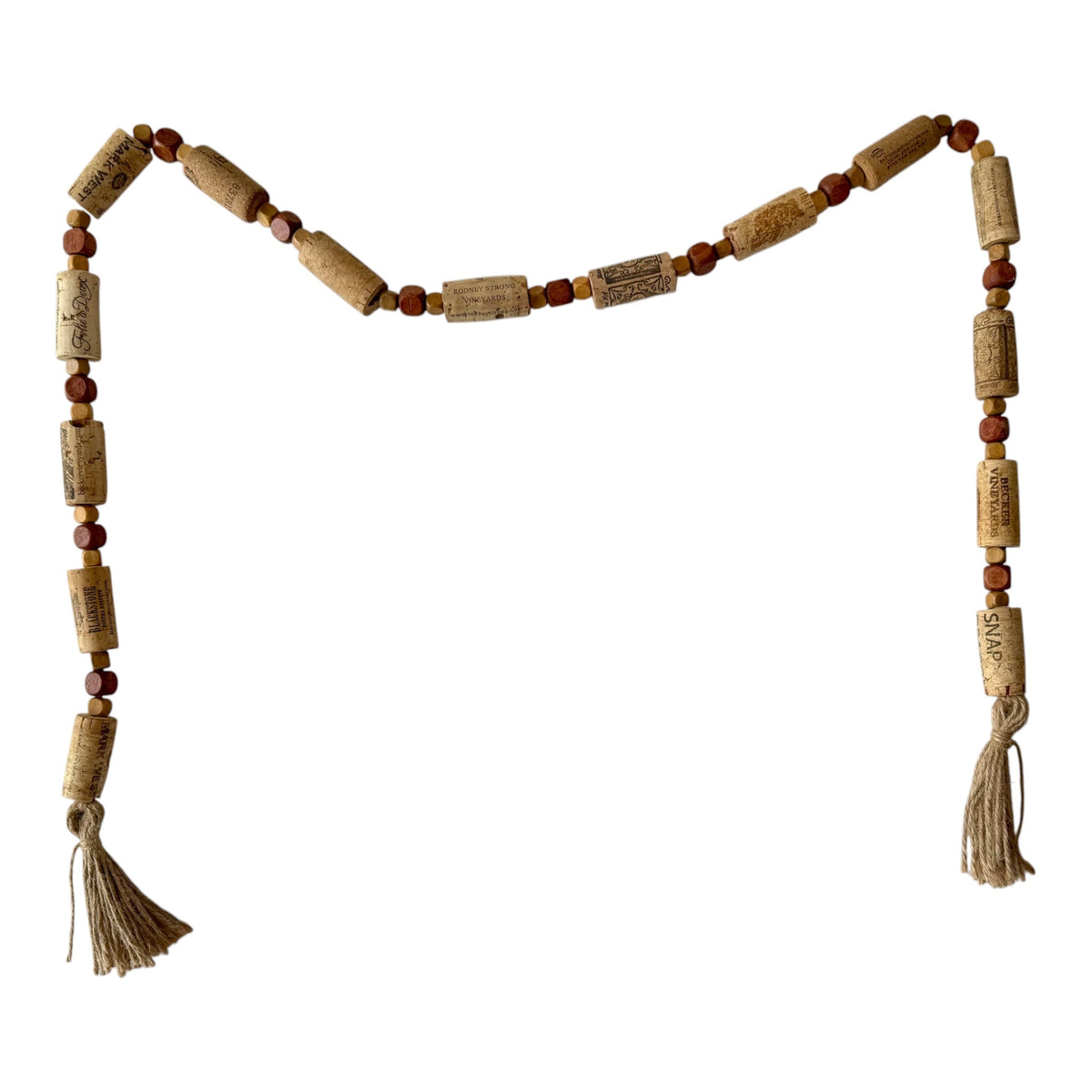Handcrafted Wine Cork Garland – Timeless Rustic Boho Decor with Natural Square Wood Beads & Tassels