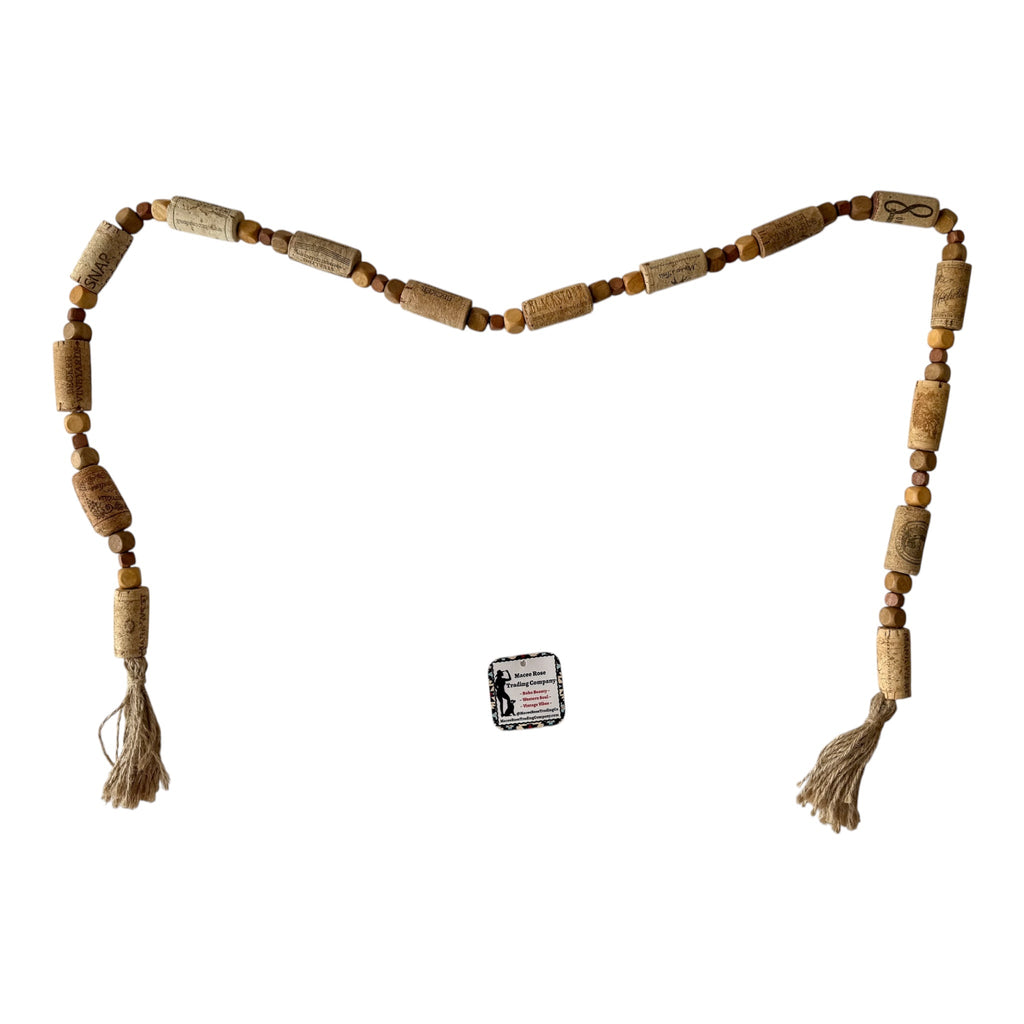 Handcrafted Wine Cork Garland – Timeless Rustic Boho Decor with Natural Square Wood Beads & Tassels