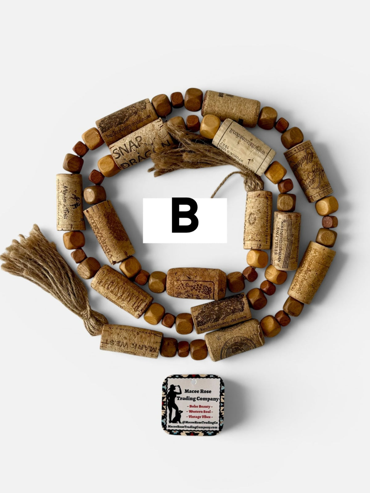Handcrafted Wine Cork Garland – Timeless Rustic Boho Decor with Natural Square Wood Beads & Tassels