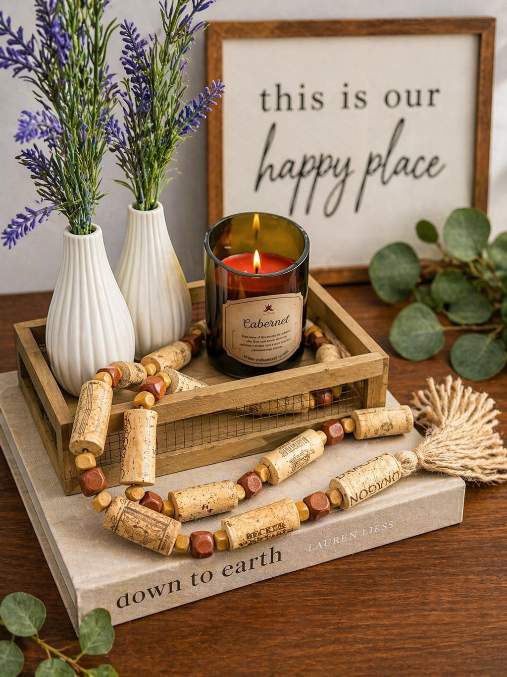 Handcrafted Wine Cork Garland – Timeless Rustic Boho Decor with Natural Square Wood Beads & Tassels