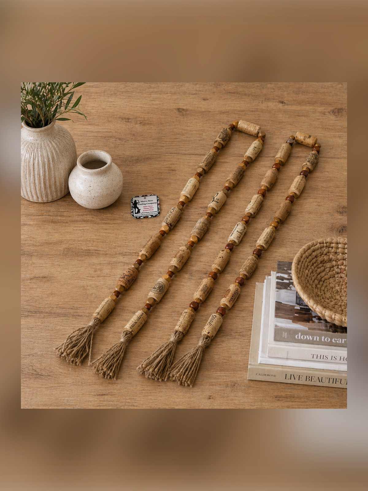 Handcrafted Wine Cork Garland – Timeless Rustic Boho Decor with Natural Square Wood Beads & Tassels